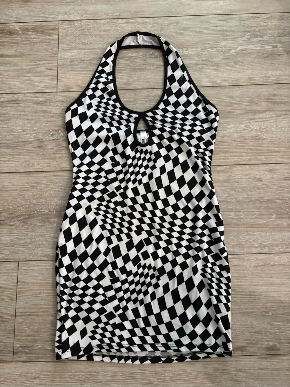 Optical-Print Halter Mini Dress in Black & White